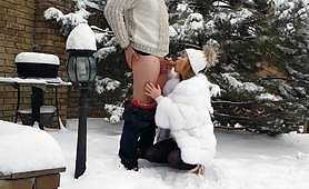Russian girl sucks a dick in the snow